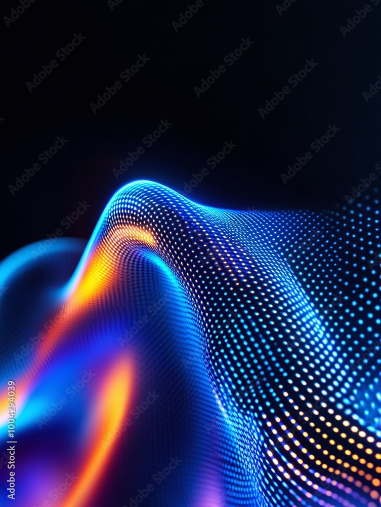 Poster abstract wave pattern with vibrant colors, creating a sense of movement and energy in a dark backgro
