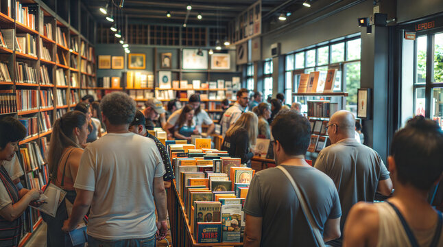 Crowded bookstore with diverse shoppers browsing shelves and reading