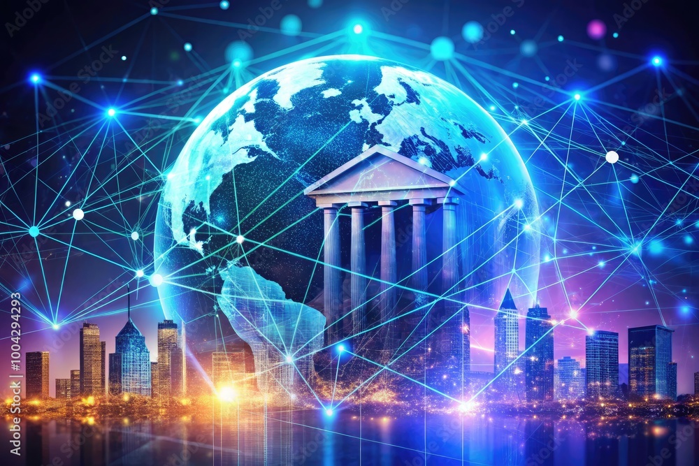 Poster global financial communication network concept in digital banking and secure data exchange technolog