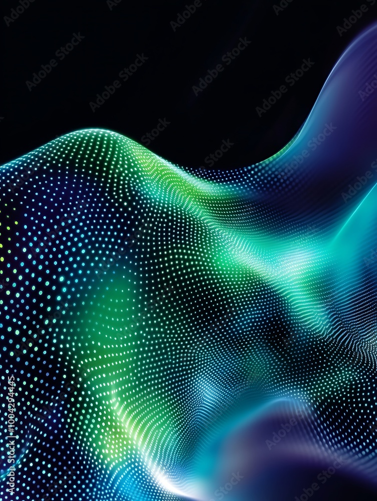 Poster abstract wave pattern with vibrant green and blue dots on a dark background, creating a fluid and dy