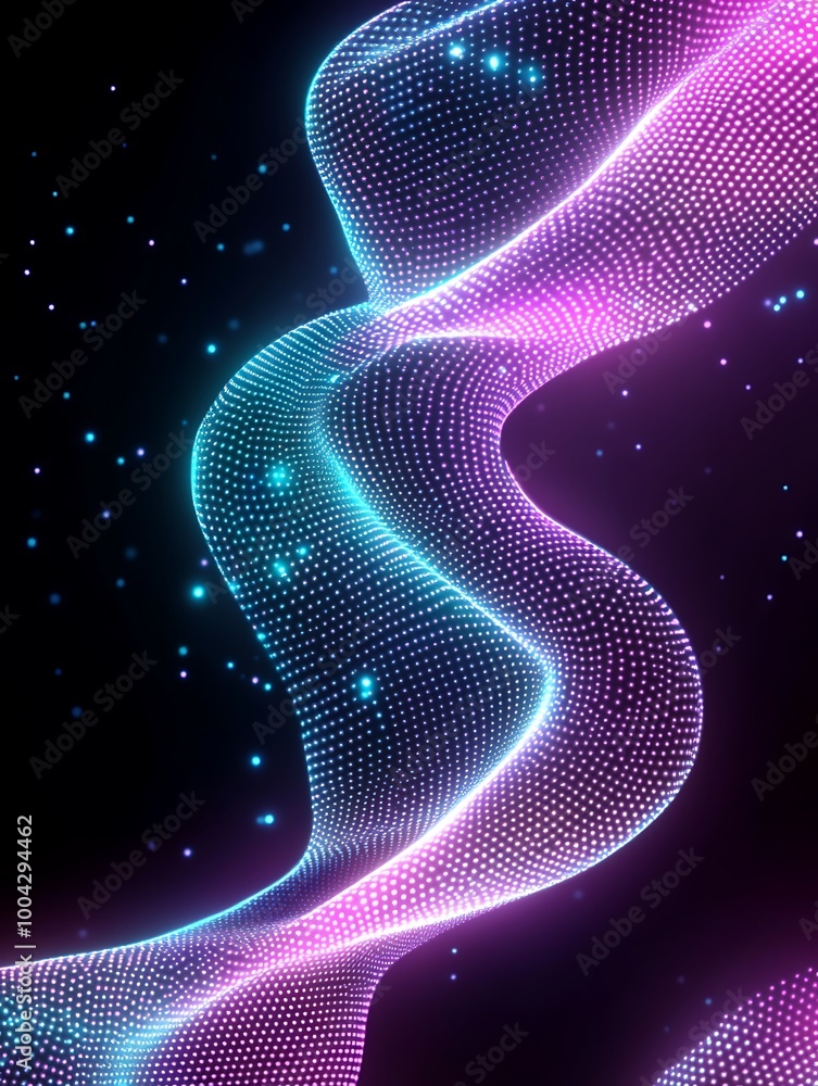 Poster abstract wave pattern with vibrant neon colors and glowing dots on a dark background. a minimalist p