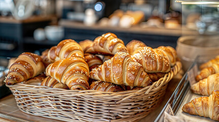 Freshly baked croissants in a basket at a trendy artisan bakery shop