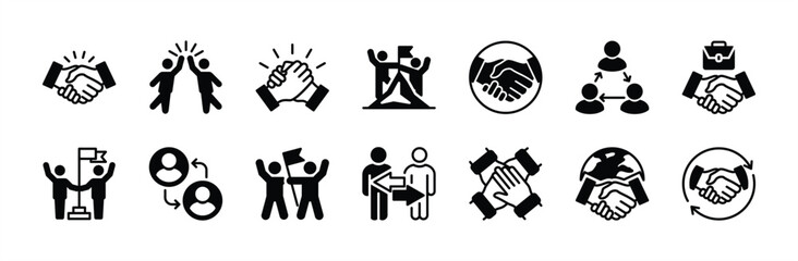 Business partnership flat icon vector set. Containing handshake, agreement, teamwork, team work together, cooperation, support, trust, friendship, confidence, deal, success, achievement, connecting