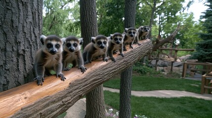 A group of playful ring-tailed lemurs enjoys climbing over tree trunks and wooden bars, eagerly reaching for food in a vibrant garden setting.