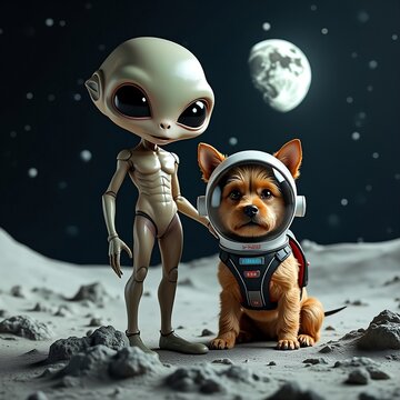An alien humanoid standing on the moon next to a dog donning an astronaut cap