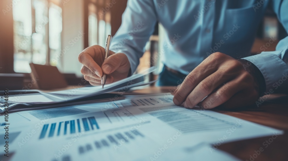 Aufkleber A person is analyzing financial documents and charts, jotting down notes with a pen, surrounded by a bright office environment.