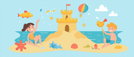 Obraz premium Two children build a sandcastle on a beach, enjoying the sunny day surrounded by colorful sea creatures and a playful atmosphere.