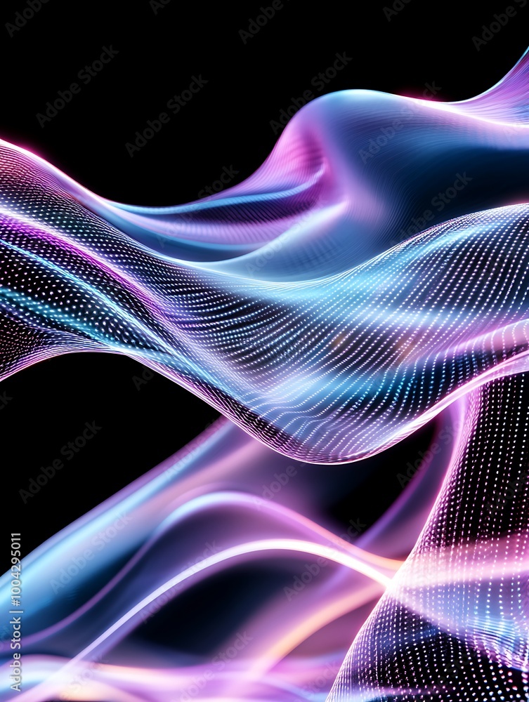 Poster abstract wave patterns in vibrant colors with a futuristic feel, creating a sense of movement and en
