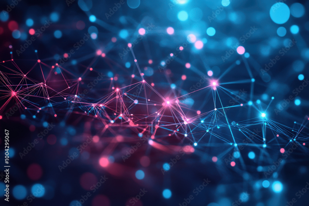 Poster an abstract representation of interconnected nodes and bright particles illuminating the digital uni