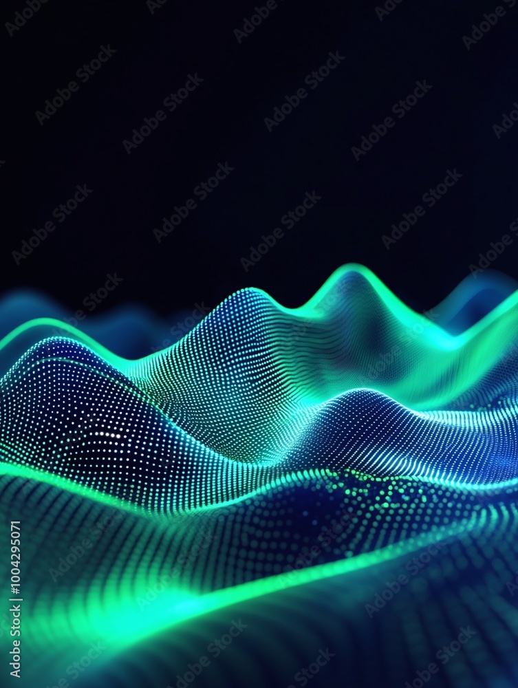 Poster abstract wave patterns with blue and green colors on a dark background, creating a dynamic visual ef