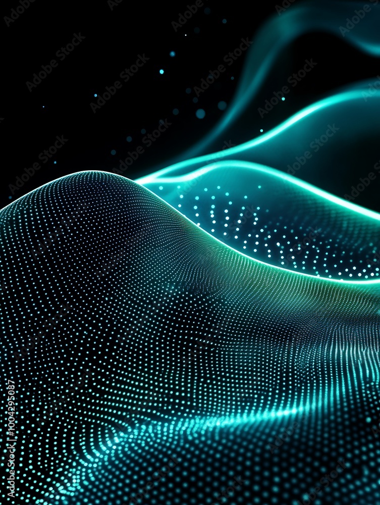 Poster abstract wave patterns with glowing dots and smooth lines in teal colors on a black background. a mi