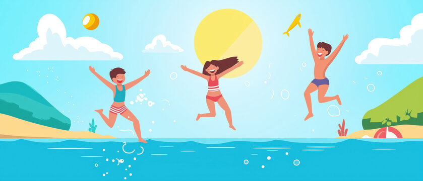 A vibrant scene of three people joyfully jumping into the water on a sunny beach day, surrounded by a bright sun and playful waves.