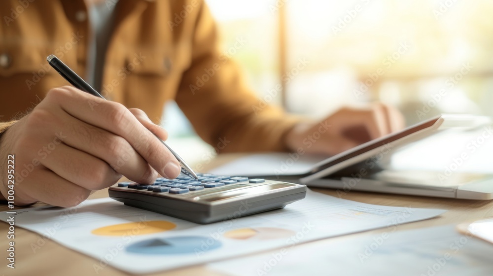 Aufkleber ### description: a person using a calculator while reviewing documents and charts, possibly for fina