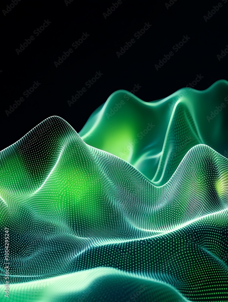 Poster abstract wave patterns with glowing green and blue lights on a dark background. a minimalist poster 