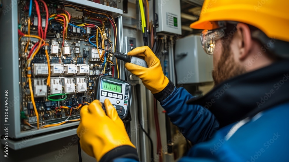 Aufkleber An electrician in safety gear inspects a control panel, using a multimeter to check electrical connections and circuitry.