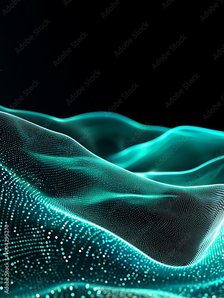 Poster abstract wave patterns with glowing turquoise lines on a black background. a minimalist poster in me