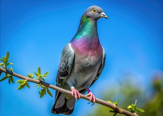 Graceful Homing Pigeon Perched on a Branch Against a Clear Blue Sky in Natural Habitat Setting