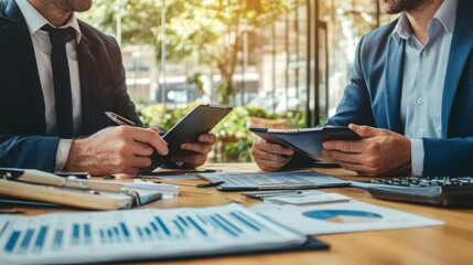 Two professionals are discussing analytics while reviewing documents and devices in a bright office space.