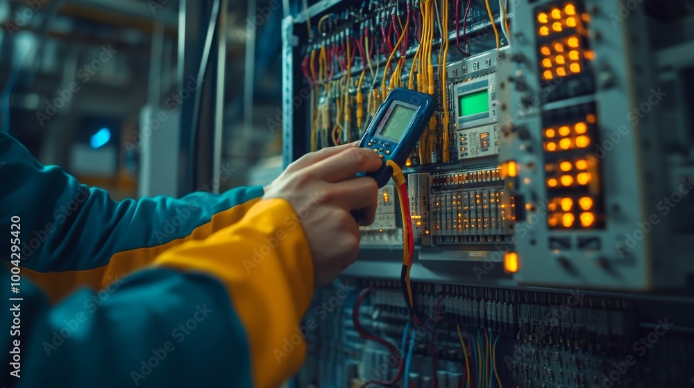 Aufkleber a technician inspects a complex control panel filled with wires and circuits, showcasing hands-on wo