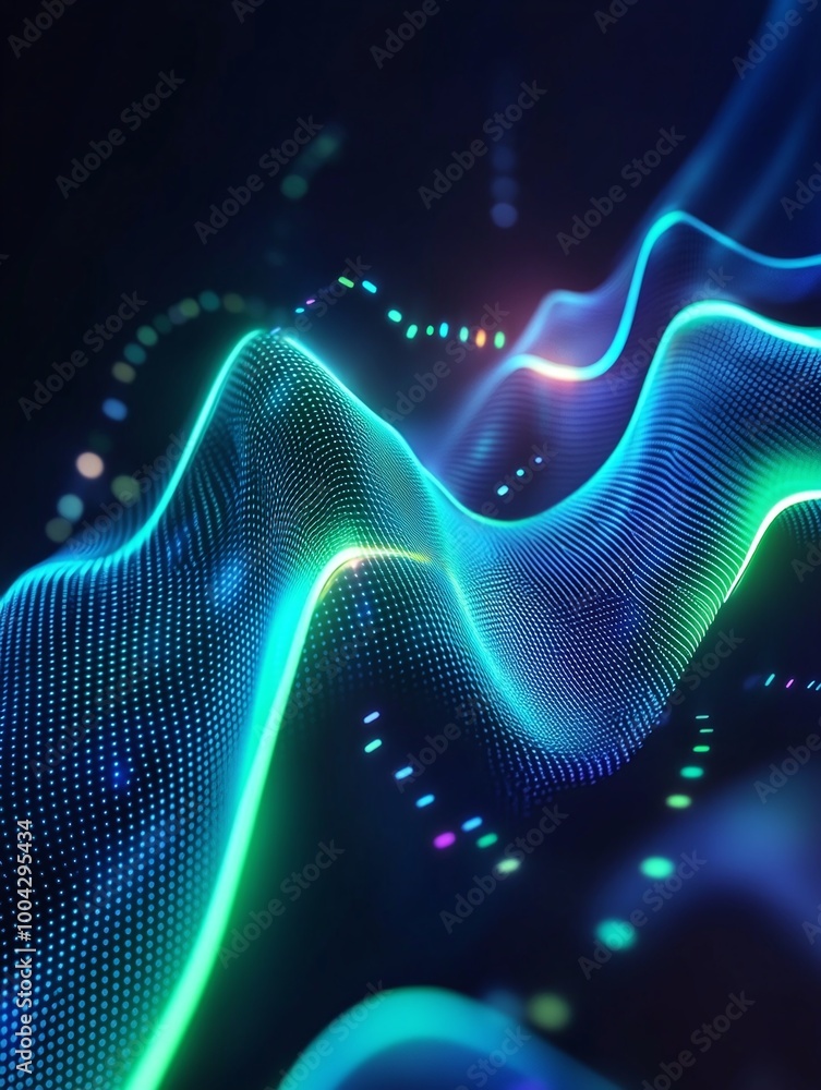 Poster abstract wave patterns with vibrant neon colors flowing on a dark background. a minimalist poster in