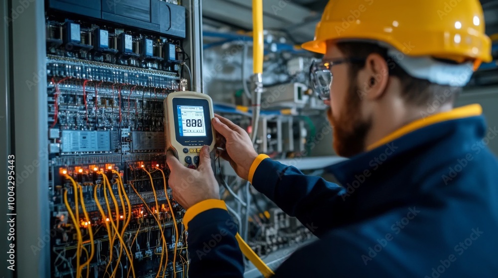 Aufkleber a technician in a safety helmet operates a testing device on electrical circuits in a control panel,