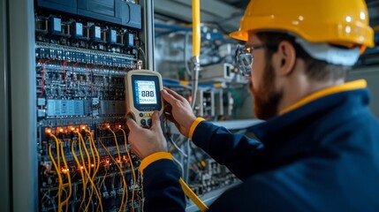 A technician in a safety helmet operates a testing device on electrical circuits in a control panel, showcasing a focus on electrical systems and diagnostics.