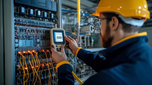 A technician in a safety helmet operates a testing device on electrical circuits in a control panel, showcasing a focus on electrical systems and diagnostics.
