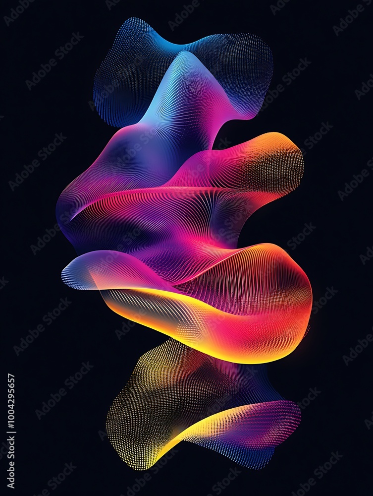 Poster abstract wave shapes in vibrant colors, creating a fluid and dynamic visual effect against a dark ba