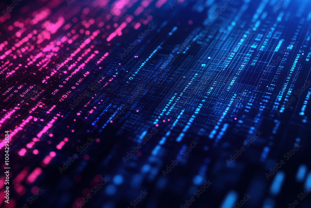 Poster vibrant streams of data flow through a digital landscape, showcasing a mesmerizing blend of pink and
