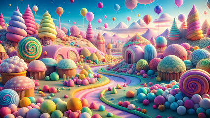 Colorful Candy Land, Candyland pastel color, lots of different sweets, 3d illustration