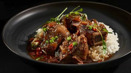 Fototapeta premium Ginger-Soy Veal Osso Buco: Tender Veal Shanks in Soy-Ginger Broth with Jasmine Rice and Pickled Ginger on Sleek Black Backdrop for High-End Culinary Promotions