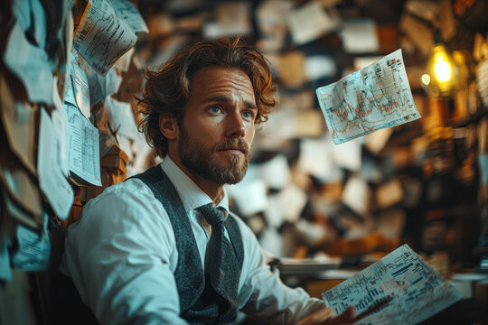 A financial analyst surrounded by graphs and charts that twist and turn like a roller coaster, with the data flying off the page.