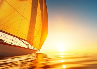 Obraz premium Golden Hour Light on Boat Sails in Tranquil Bay at Sunset Serene Sailing Adventure