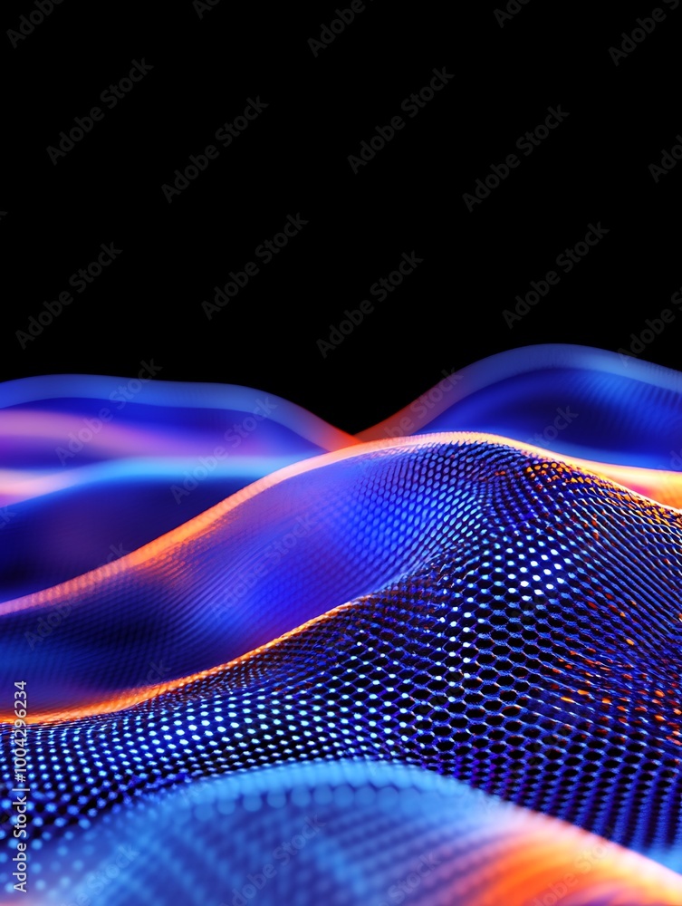 Poster abstract waves of colorful light streaming in a dark background, creating a vibrant and dynamic visu