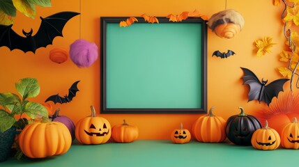 Spooky Halloween Decor with Pumpkins and Bats