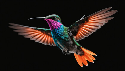 Obraz premium Vibrant Hummingbird in Flight with Colorful Plumage Against Black Background