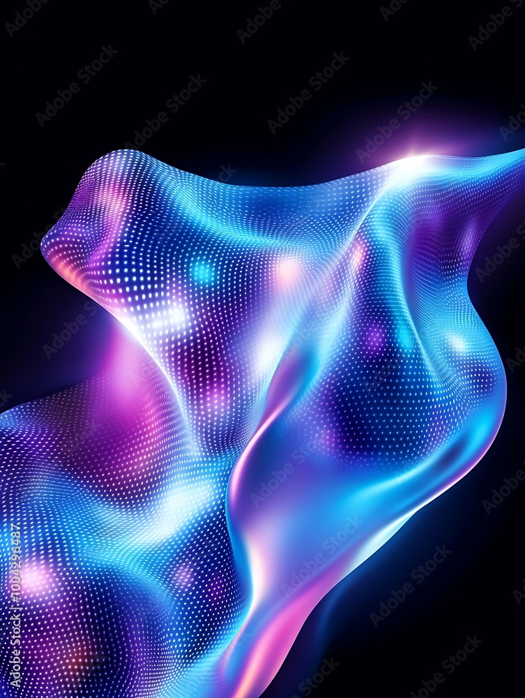 Poster abstract waves of vibrant blue and purple light on a black background, creating a mesmerizing digita