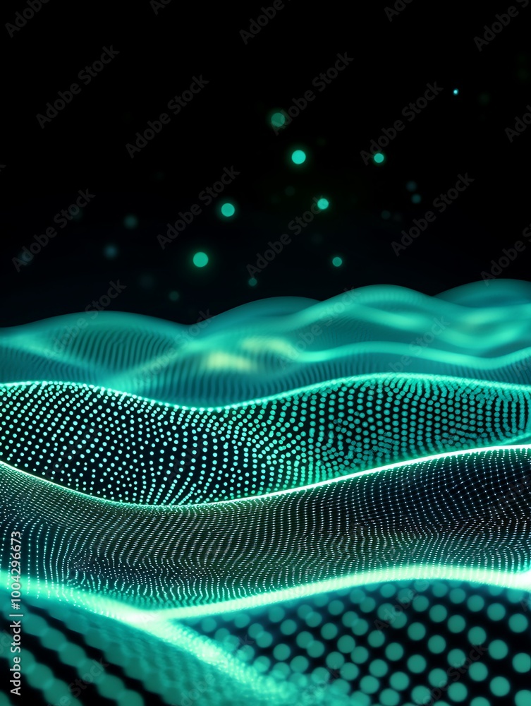 Poster abstract waves with glowing dots, creating a dynamic visual effect on a dark background. a minimalis