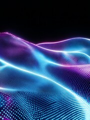 Obraz premium Abstract waves with glowing blue and purple lights on a dark background, creating a dynamic, futuristic effect. A minimalist poster in metallic and chrome gradient style.
