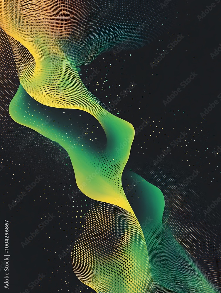 Poster abstract wavy design with green and yellow hues on a dark background, creating a dynamic and modern 