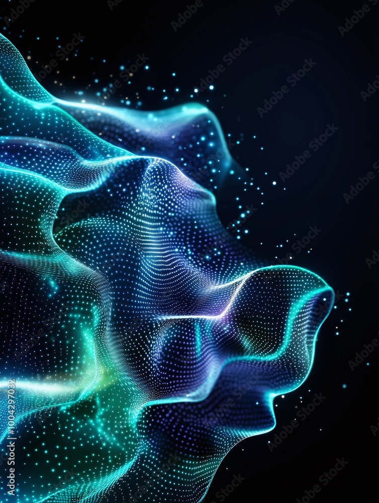 Poster abstract wavy lines with glowing particles in vibrant colors on a dark background. a minimalist post