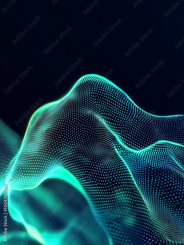 Poster abstract wavy lines with vibrant neon colors on a dark background, representing digital data flow an