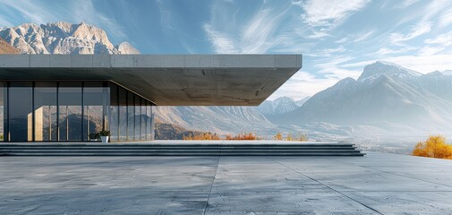 Modern architectural marvel with stunning mountain backdrop, showcasing sleek lines and open spaces.