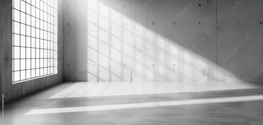 Aufkleber Empty room with large window casting soft light, minimalistic design, modern architecture with gray concrete and shadows.