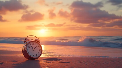 A vintage alarm clock sits on a sandy beach as the sun sets over the ocean.