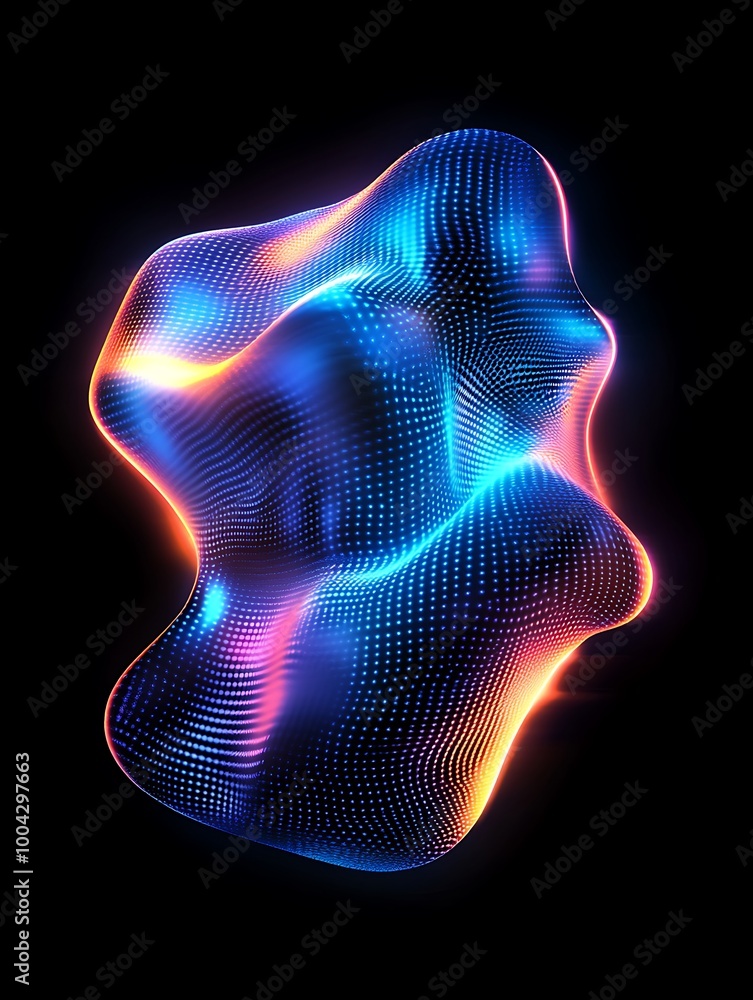 Poster abstract, colorful 3d shape with glowing lines on a dark background, perfect for modern design and d