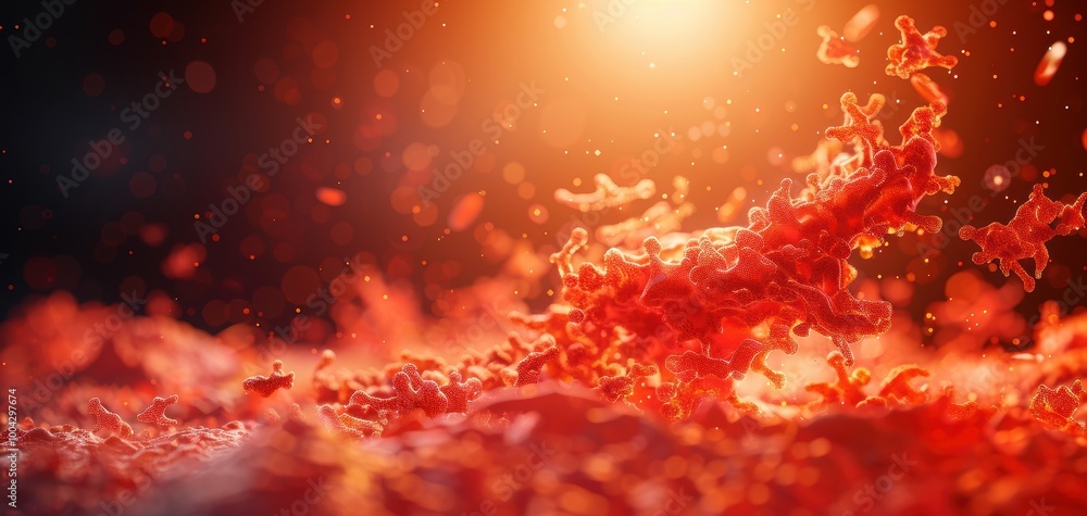 Fototapete Dynamic abstract red cells splash with glowing light, creating a vivid and energetic visual effect, perfect for artistic projects.