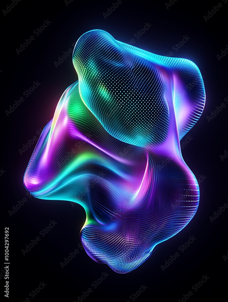 Poster an abstract 3d shape in vibrant colors, showcasing a blend of fluid lines and dynamic motion against