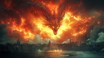 Majestic Dragon Unleashing Fire Over Medieval City in Epic Battle Scene