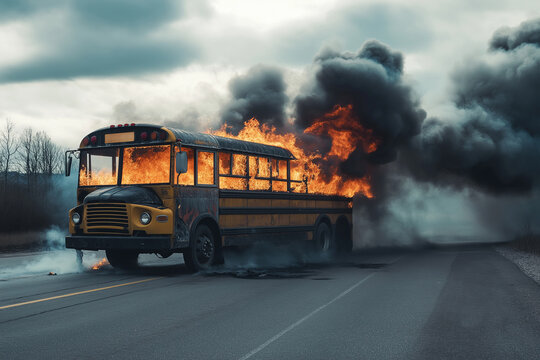 School bus burning in the road. generative AI